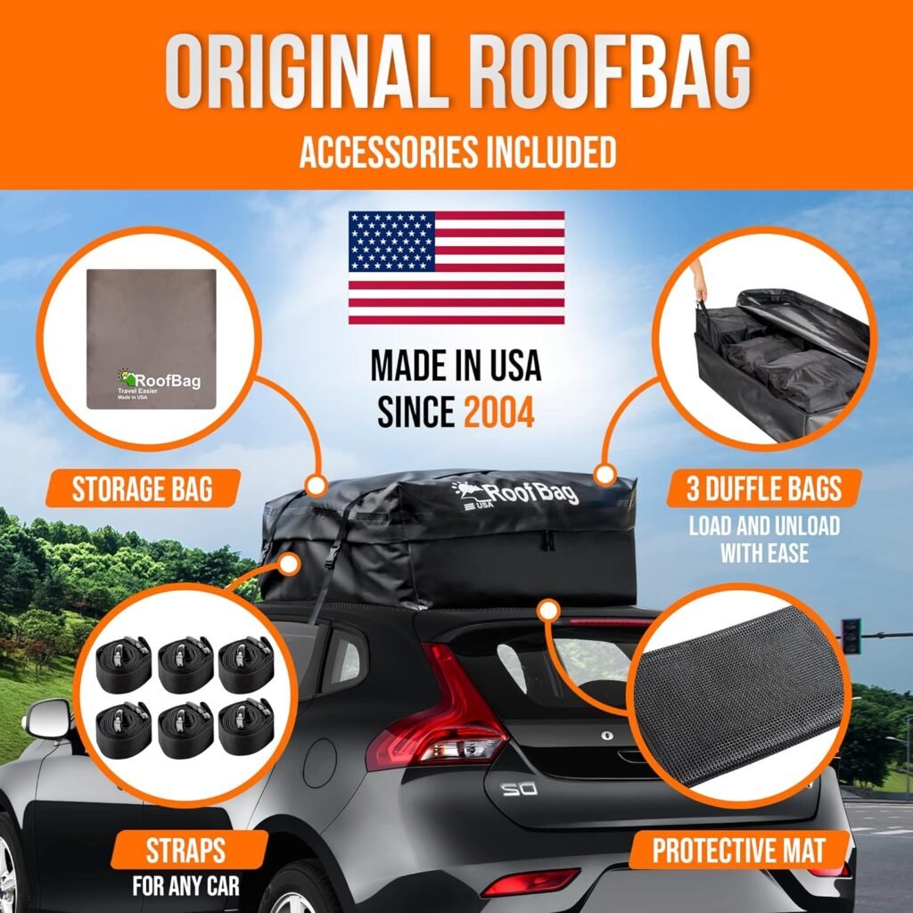 17 Cu Ft RoofBag Rooftop Cargo Carrier, Waterproof Roof Cargo Carrier for Car with/Without Rack Cross Bar Including Strong Nylon Straps + Storage Bag