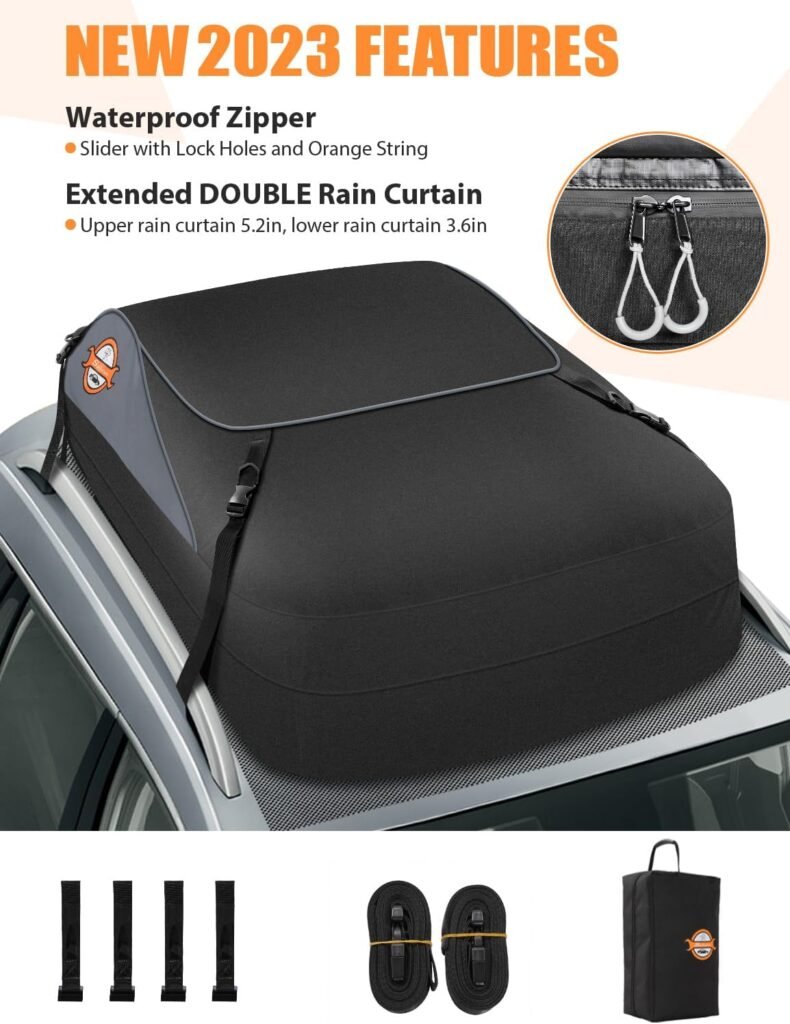 Adakiit Car Rooftop Cargo Carrier Roof Bag, 15 Cubic Feet Waterproof Roof Top Cargo Carrier for Vehicle with Without Luggage Rack, Soft Shell Roof Cargo Box with Tie-Down Strap, Door Hook, Storage Bag