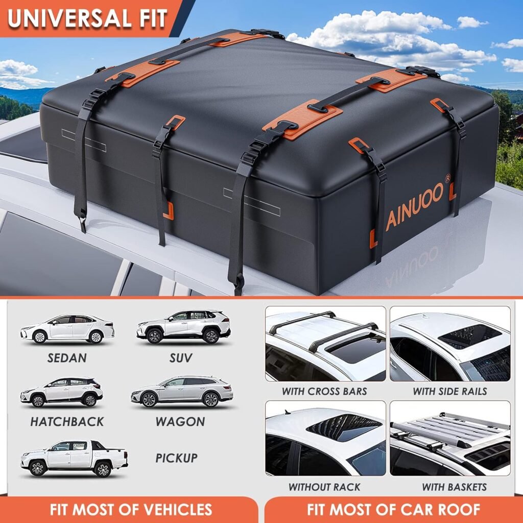 AINUOO Rooftop Cargo Carrier Bag, 15 Cubic Feet 100% Waterproof Car Roof Top Luggage Bag for All Cars with/Without Racks, Includes Anti-Slip Mat, 6 Door Hooks, Storage Bag, 10 Adjustable Straps