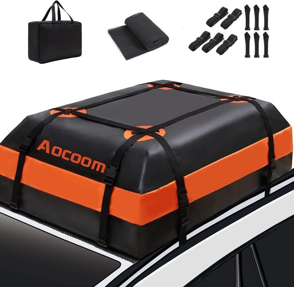 Aocoom Car Roof Bag Rooftop Cargo Carrier, 15 Cubic Feet Waterproof Car Top Luggage Storage Bag with Anti-Slip Mat, 5 Reinforce Straps and 4 Door Hooks for Vehicles, Orange