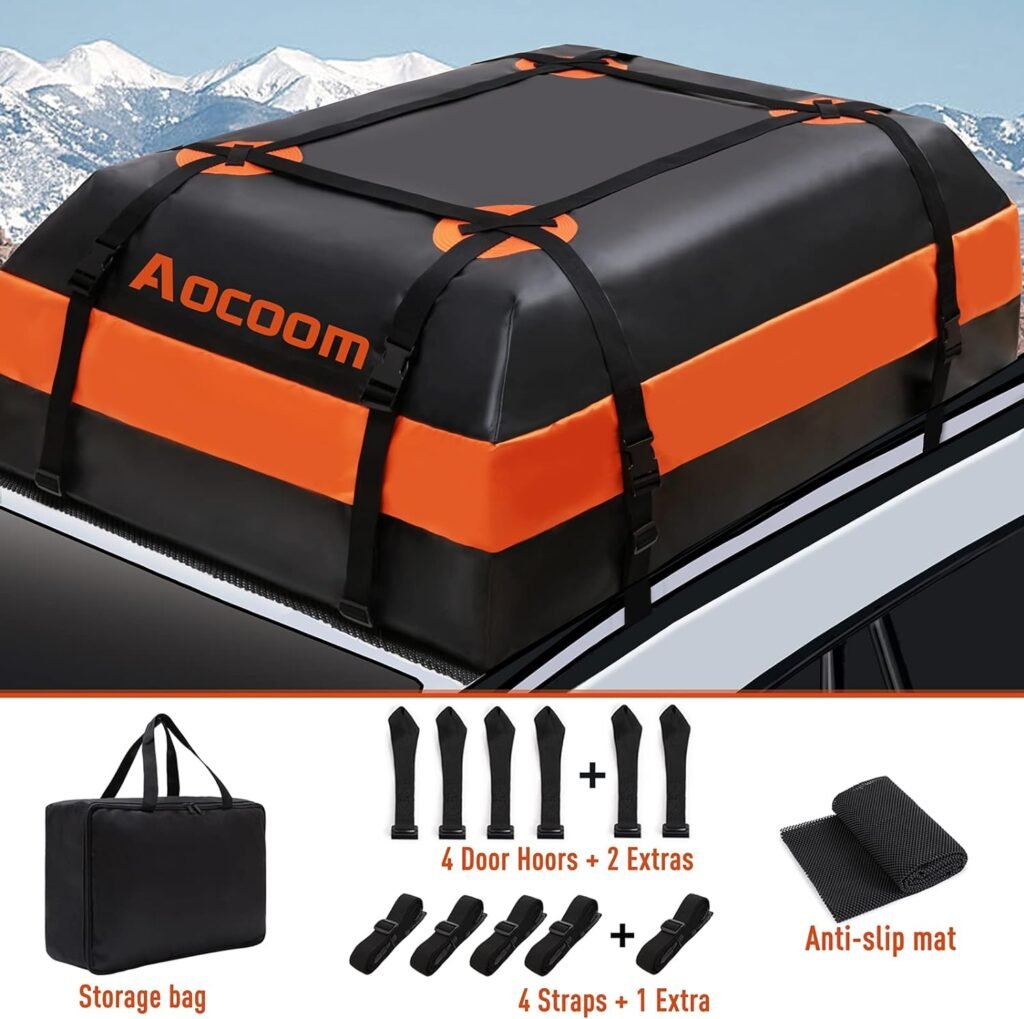 Aocoom Car Roof Bag Rooftop Cargo Carrier, 15 Cubic Feet Waterproof Car Top Luggage Storage Bag with Anti-Slip Mat, 5 Reinforce Straps and 4 Door Hooks for Vehicles, Orange