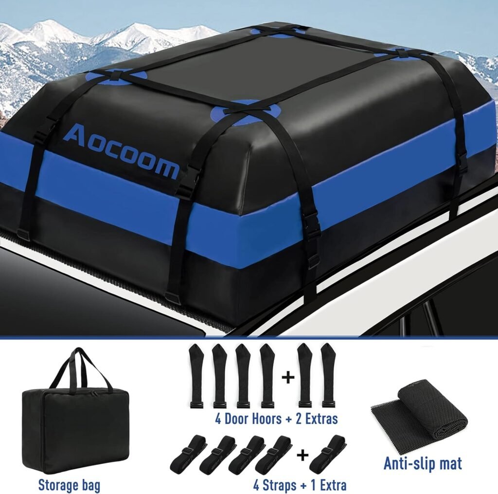 Aocoom Car Roof Bag Rooftop Cargo Carrier, 15 Cubic Feet Waterproof Car Top Luggage Storage Bag with Anti-Slip Mat, 5 Reinforce Straps and 4 Door Hooks for Vehicles, Orange