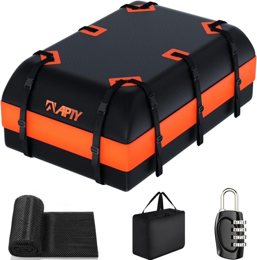 APTY 21 Cubic Feet Car Rooftop Cargo Bag Carrier, Soft Roof Top Luggage Bag for All Vechicles with/Without Racks - with Waterproof Zip, Luggage Lock, Anti-Slip Mat, Storage Bag, Door Hooks