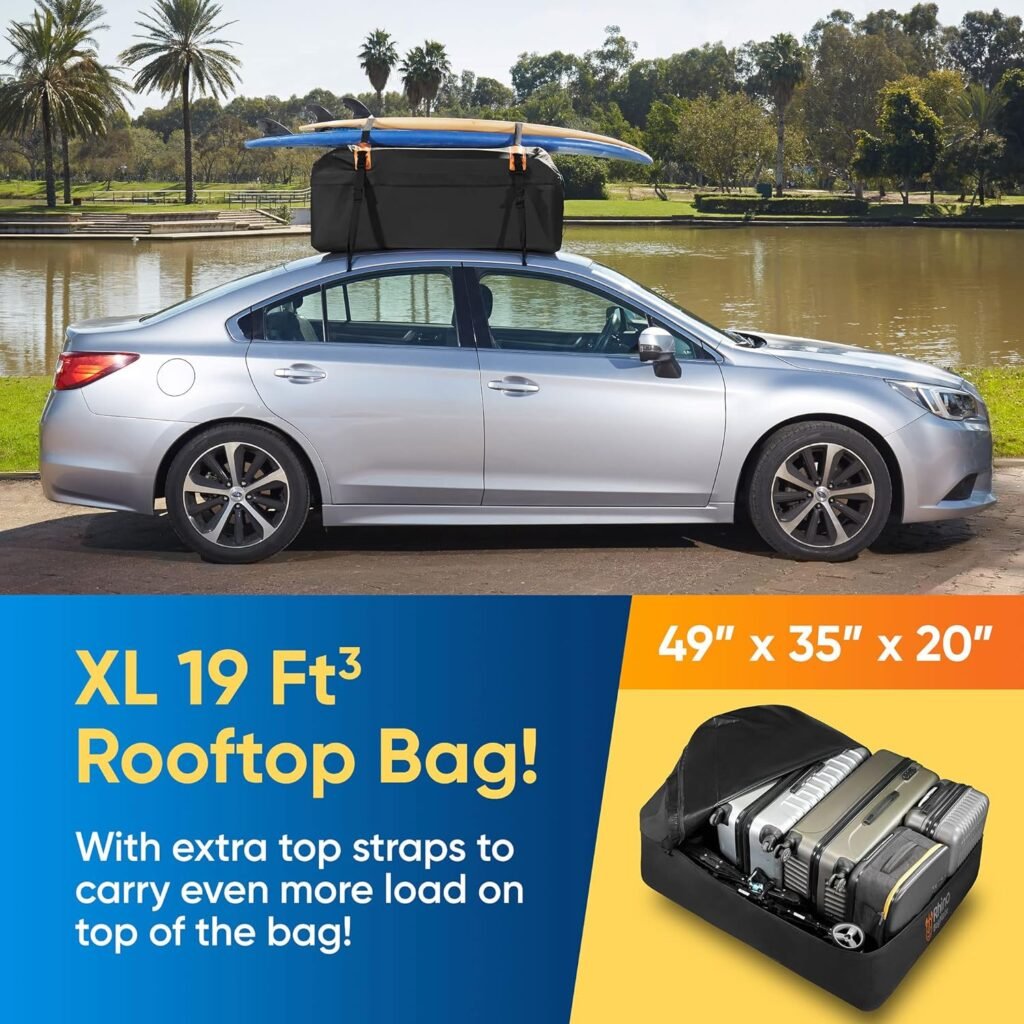 BAGMATE Waterproof Car Roof Bag - Car Rooftop Cargo Carrier Bag – 19 Cubic Ft Roof Rack Cargo Carrier, Includes Anti-Slip Mat, 4 Door Hooks, Reinforced Zipper/Buckle, with or Without Rack