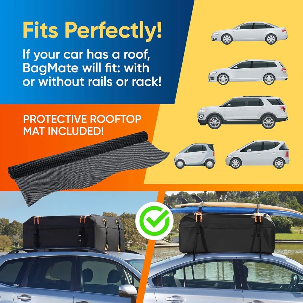 BAGMATE Waterproof Car Roof Bag - Car Rooftop Cargo Carrier Bag – 19 Cubic Ft Roof Rack Cargo Carrier, Includes Anti-Slip Mat, 4 Door Hooks, Reinforced Zipper/Buckle, with or Without Rack