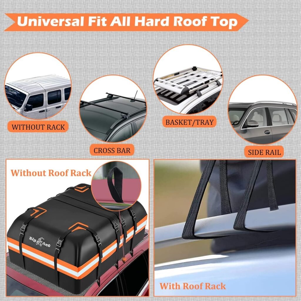 Big Ant Car Rooftop Cargo Carrier Bag 15 Cubic Feet, Roof Bag Waterproof Topper Luggage Carriers for All Vehicle with/without Rack Bar Include Anti-Slip Mat, 8 Door Hooks, 2 Extra Straps, Luggage Lock