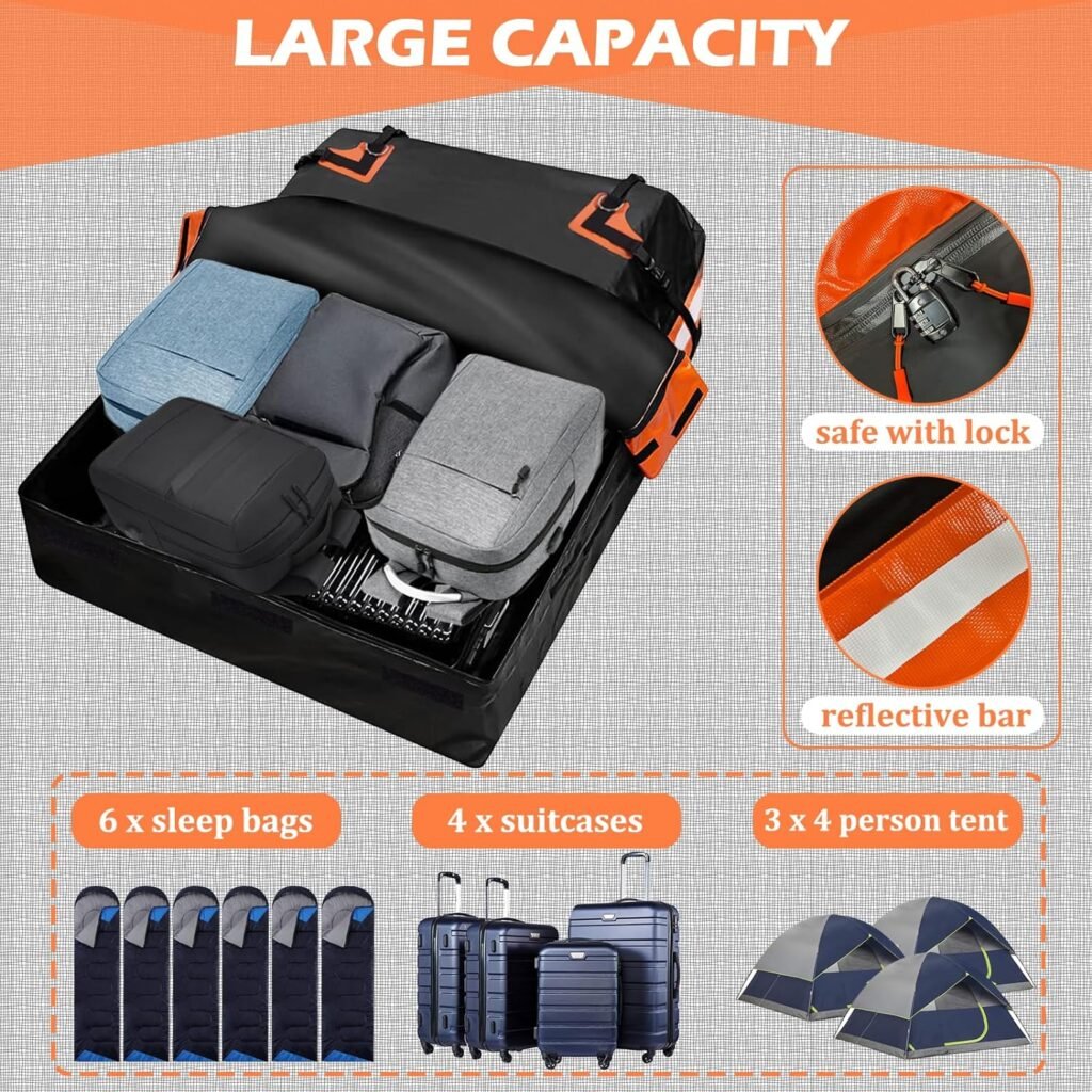 Big Ant Car Rooftop Cargo Carrier Bag 20 Cubic Feet, Roof Bag Waterproof Topper Luggage Carriers for All Vehicle with/without Rack Bar Include Anti-Slip Mat, 8 Door Hooks, 2 Extra Straps, Luggage Lock