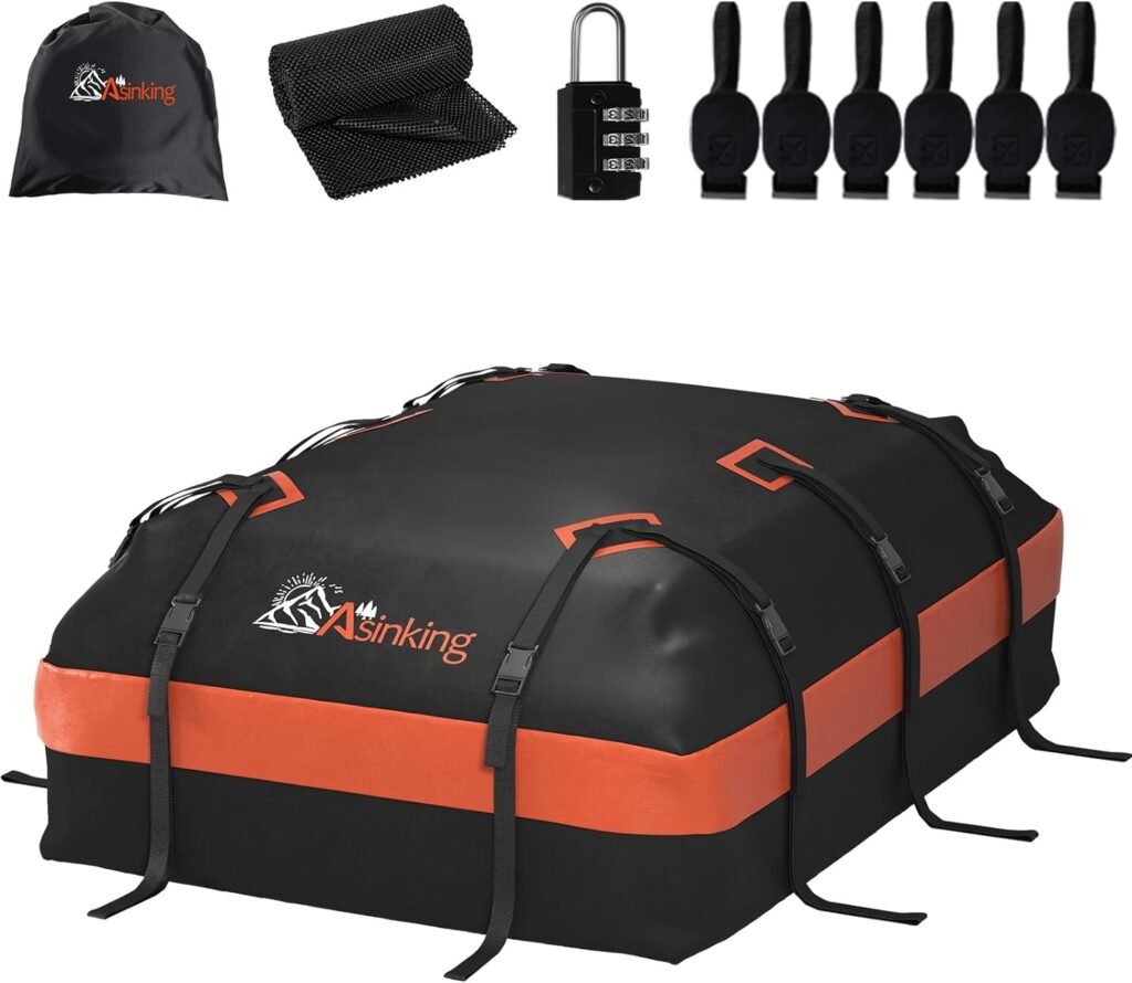 Car Roof Bag Rooftop top Cargo Carrier Bag 21 Cubic feet Waterproof for All Cars with/Without Rack, Includes Anti-Slip Mat, 10 Reinforced Straps, 6 Door Hooks, Luggage Lock