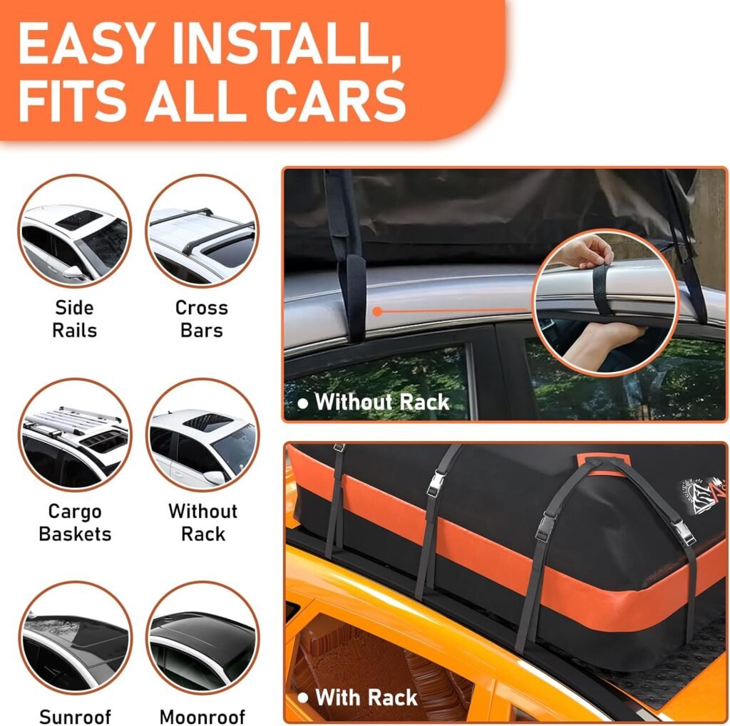 Car Roof Bag Rooftop top Cargo Carrier Bag 21 Cubic feet Waterproof for All Cars with/Without Rack, Includes Anti-Slip Mat, 10 Reinforced Straps, 6 Door Hooks, Luggage Lock