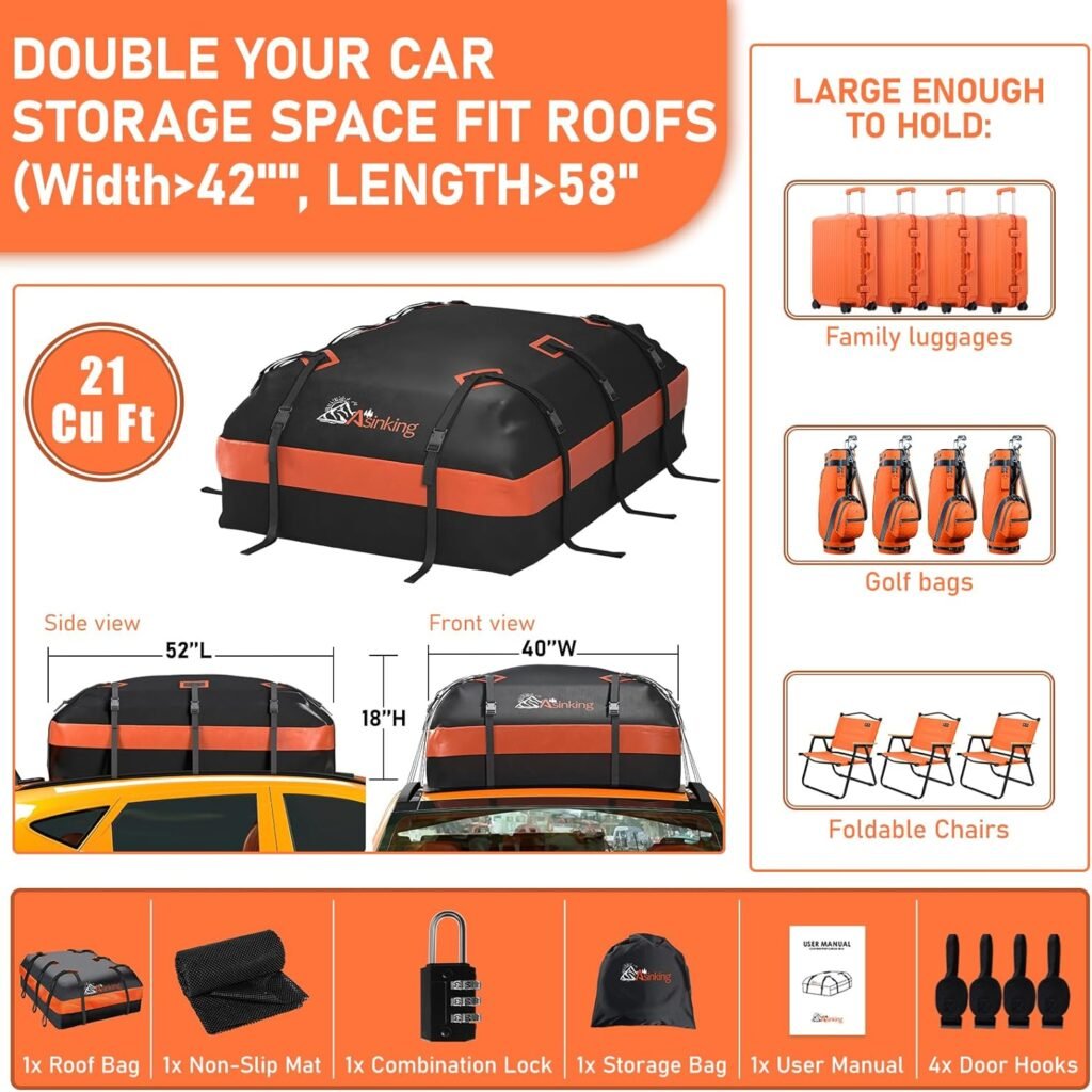 Car Roof Bag Rooftop top Cargo Carrier Bag 21 Cubic feet Waterproof for All Cars with/Without Rack, Includes Anti-Slip Mat, 10 Reinforced Straps, 6 Door Hooks, Luggage Lock