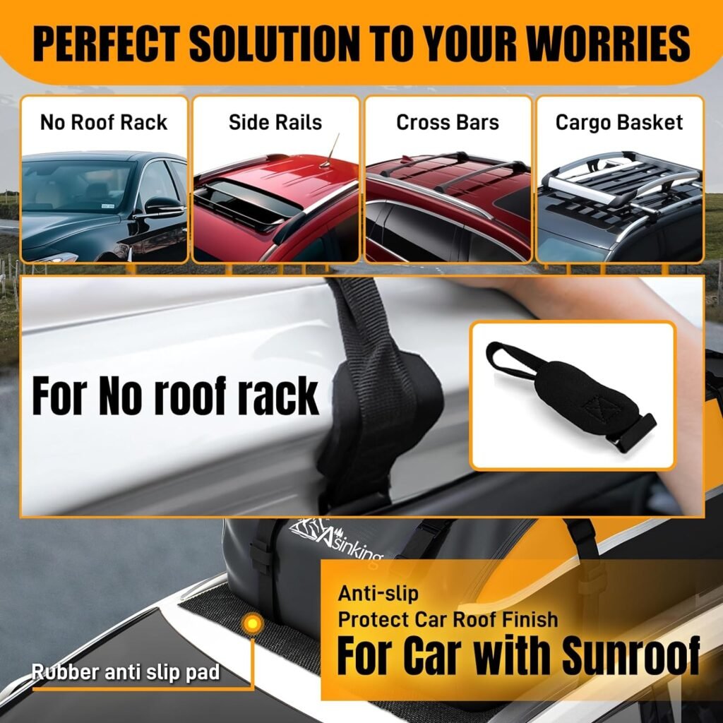 Car Rooftop Cargo Carrier Bag -100% Waterproof 20 Cu Ft Anti-Rip/Scratch Car Roof Bag for All Vehicles with/Without Roof Rack, Includes Protective Mat, Luggage Lock, 4 Door Hooks