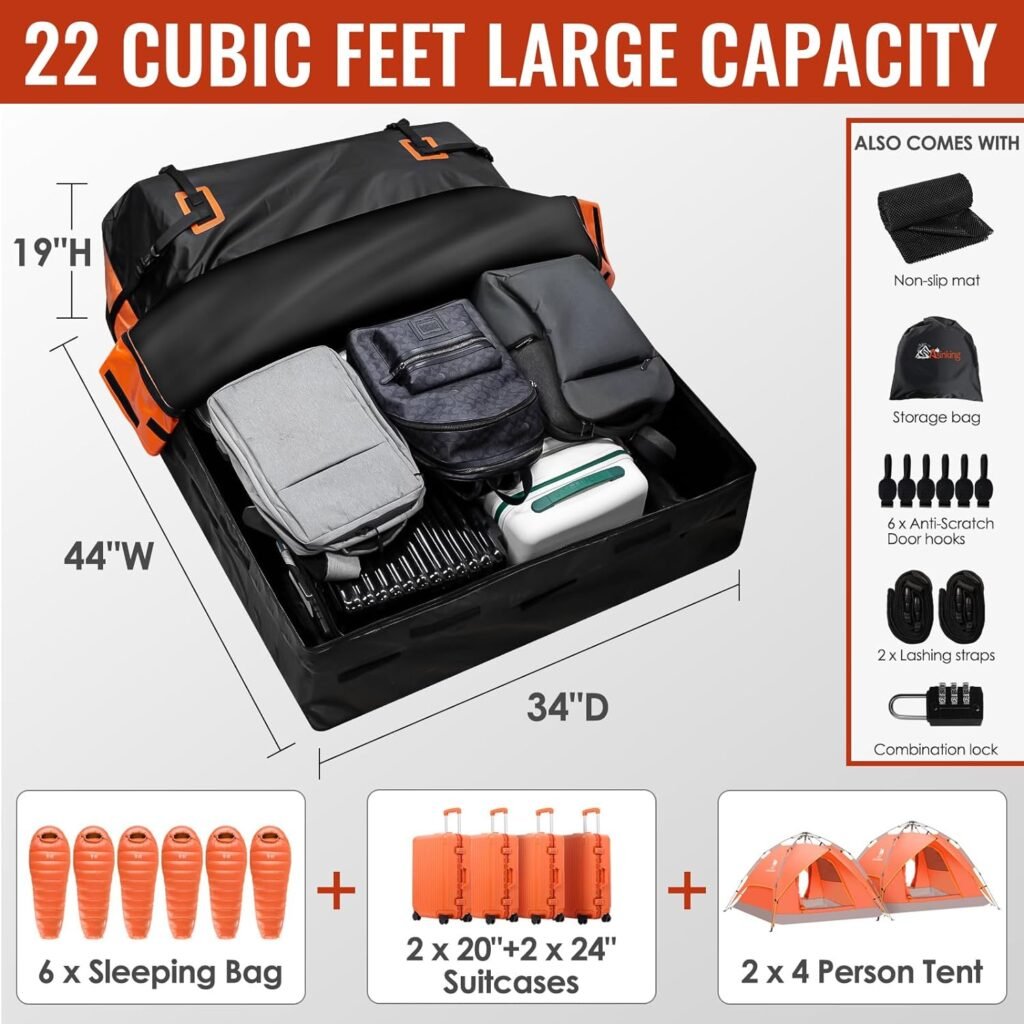 Car Rooftop Cargo Carrier Bag, 15 Cubic Feet Waterproof Heavy Duty 840D Car Roof Bag for All Vehicle with/Without Racks - Anti-Slip Mat, 6 Door Hooks, Storage Bag, 2 Extra Straps, Luggage Lock