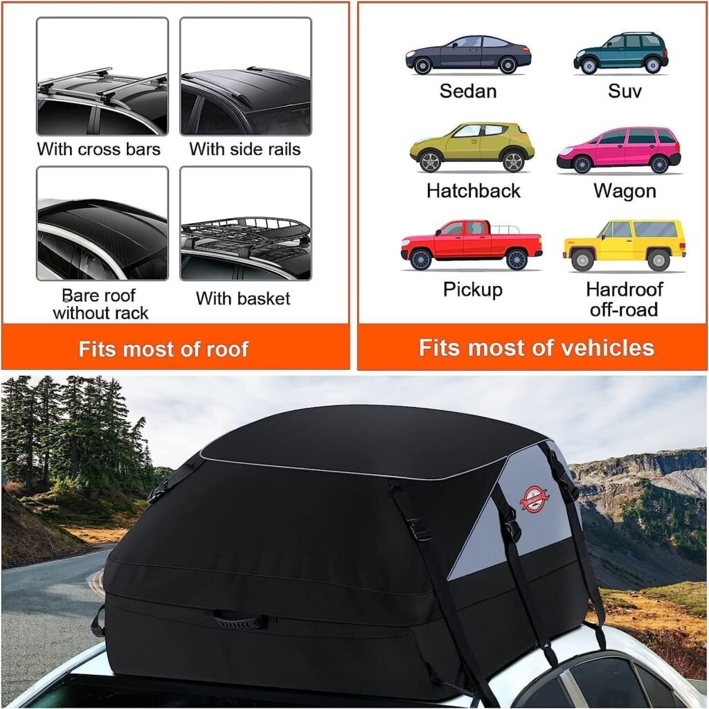 Car Rooftop Cargo Carrier Roof Bag, 20 Cubic Feet Waterproof Roof Top Cargo Carrier fit Car with Without Luggage Rack - Vehicle Soft Shell Roof Cargo Box with Tie-Down Strap, Safety Hook  Storage Bag