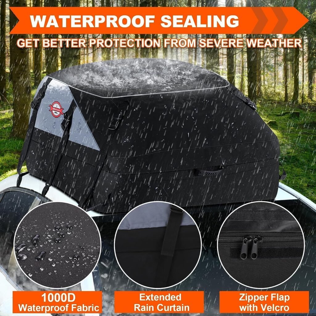 Car Rooftop Cargo Carrier Roof Bag, 20 Cubic Feet Waterproof Roof Top Cargo Carrier fit Car with Without Luggage Rack - Vehicle Soft Shell Roof Cargo Box with Tie-Down Strap, Safety Hook  Storage Bag