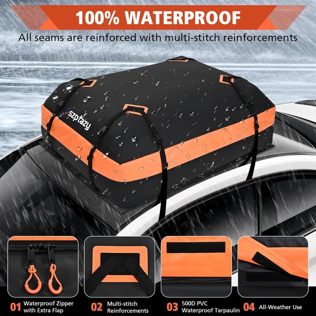 Car Top Carrier, Waterproof Soft-Shell Roof Bag, 15 Cubic Feet Rooftop Luggage Bag for All Vehicles with/Without Rack, Includes Anti-Slip Mat, 4 Door Hooks, Luggage Lock