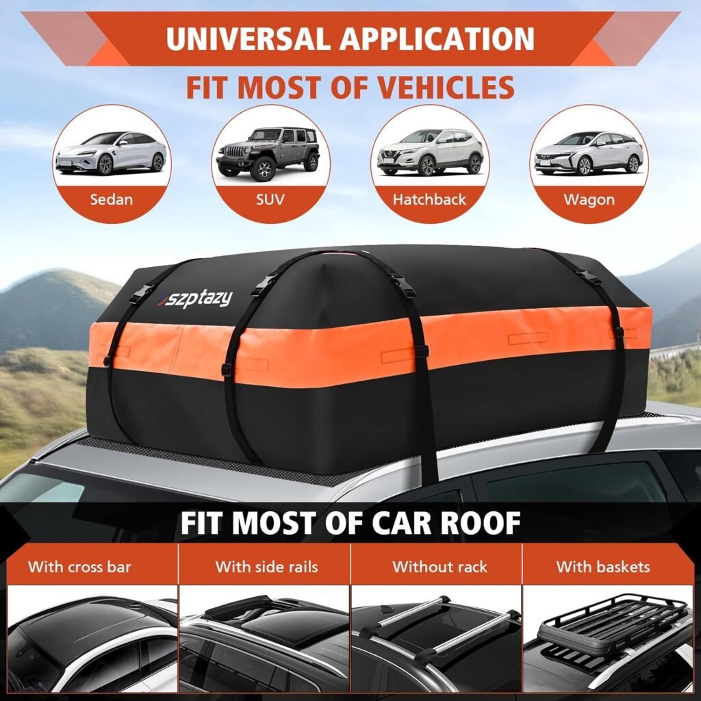 Car Top Carrier, Waterproof Soft-Shell Roof Bag, 15 Cubic Feet Rooftop Luggage Bag for All Vehicles with/Without Rack, Includes Anti-Slip Mat, 4 Door Hooks, Luggage Lock