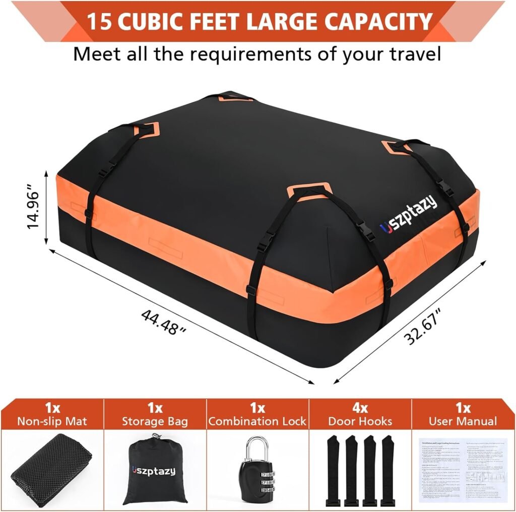 Car Top Carrier, Waterproof Soft-Shell Roof Bag, 15 Cubic Feet Rooftop Luggage Bag for All Vehicles with/Without Rack, Includes Anti-Slip Mat, 4 Door Hooks, Luggage Lock