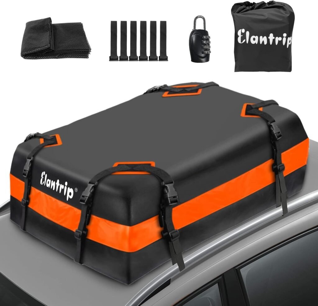 Elantrip Car Roof Bag top Cargo Carrier Bag 15 Cubic Feet Soft Car Rooftop Cargo Bag - Waterproof Zip, Luggage Lock, Anti-Slip Mat, Storage Bag, Door Hooks - Fits All Vehicles with or Without Racks