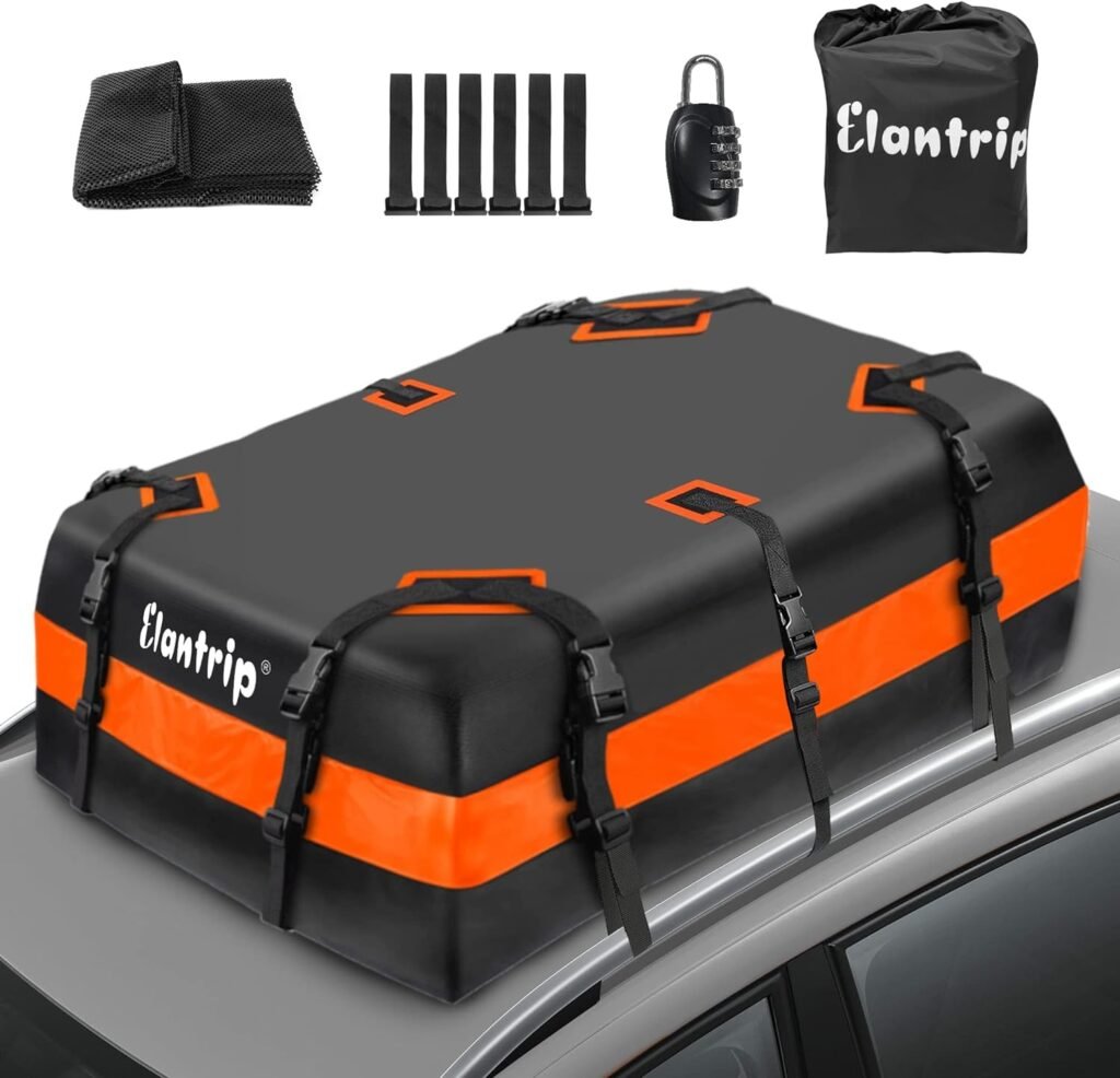 Elantrip Car Roof Bag top Cargo Carrier Bag 21 Cubic Feet Soft Car Rooftop Cargo Bag - Waterproof Zip, Luggage Lock, Anti-Slip Mat, Storage Bag, Door Hooks - Fits All Vehicles with or Without Racks