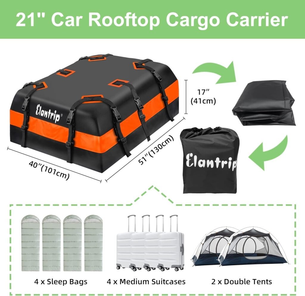 Elantrip Car Roof Bag top Cargo Carrier Bag 21 Cubic Feet Soft Car Rooftop Cargo Bag - Waterproof Zip, Luggage Lock, Anti-Slip Mat, Storage Bag, Door Hooks - Fits All Vehicles with or Without Racks