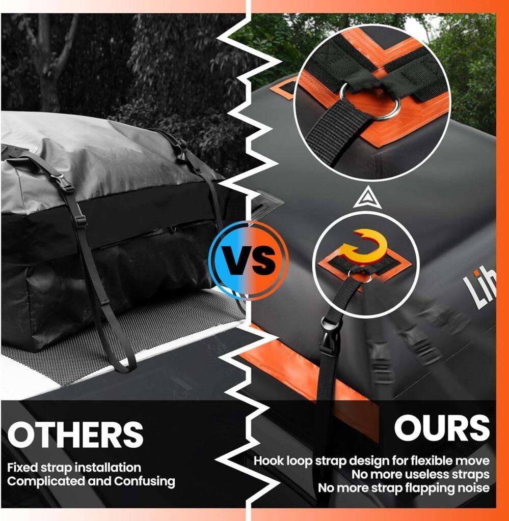 Extra Waterproof Car Rooftop Cargo Carrier Bag with Metal Ring Movable Straps Fit Cars with/Without Roof Rack, 15 Cu Ft Car Top Luggage Roof Bag with Smooth Zipper, Non-Slip Mat, 6 Door Hooks