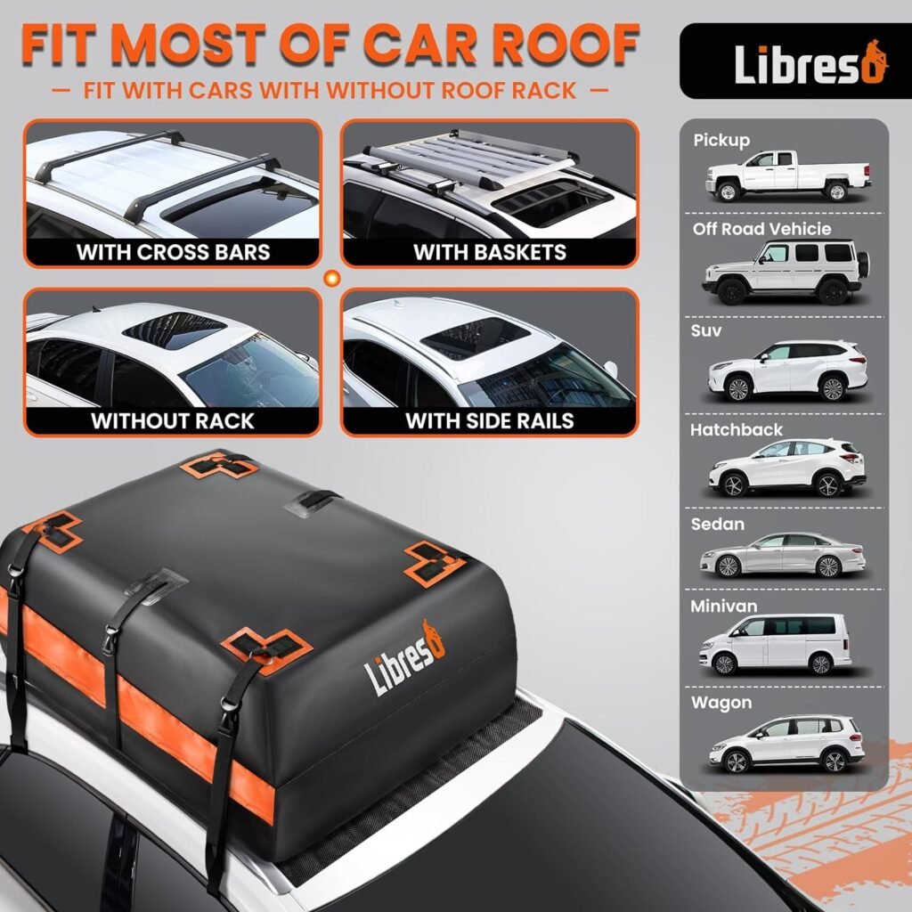 Extra Waterproof Car Rooftop Cargo Carrier Bag with Metal Ring Movable Straps Fit Cars with/Without Roof Rack, 15 Cu Ft Car Top Luggage Roof Bag with Smooth Zipper, Non-Slip Mat, 6 Door Hooks