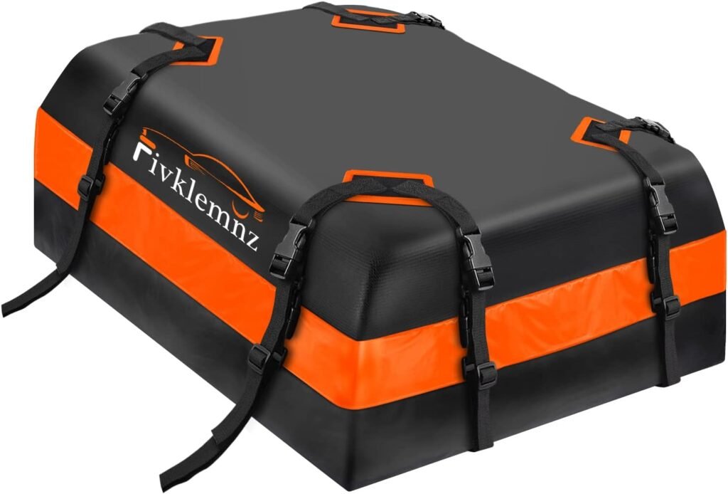 FIVKLEMNZ Car Rooftop Cargo Carrier Roof Bag Waterproof for All Top of Vehicle with/Without Rack Includes Topper Anti-Slip Mat + Reinforced Straps + 6 Door Hooks + Luggage Lock (15 Cubic Feet)