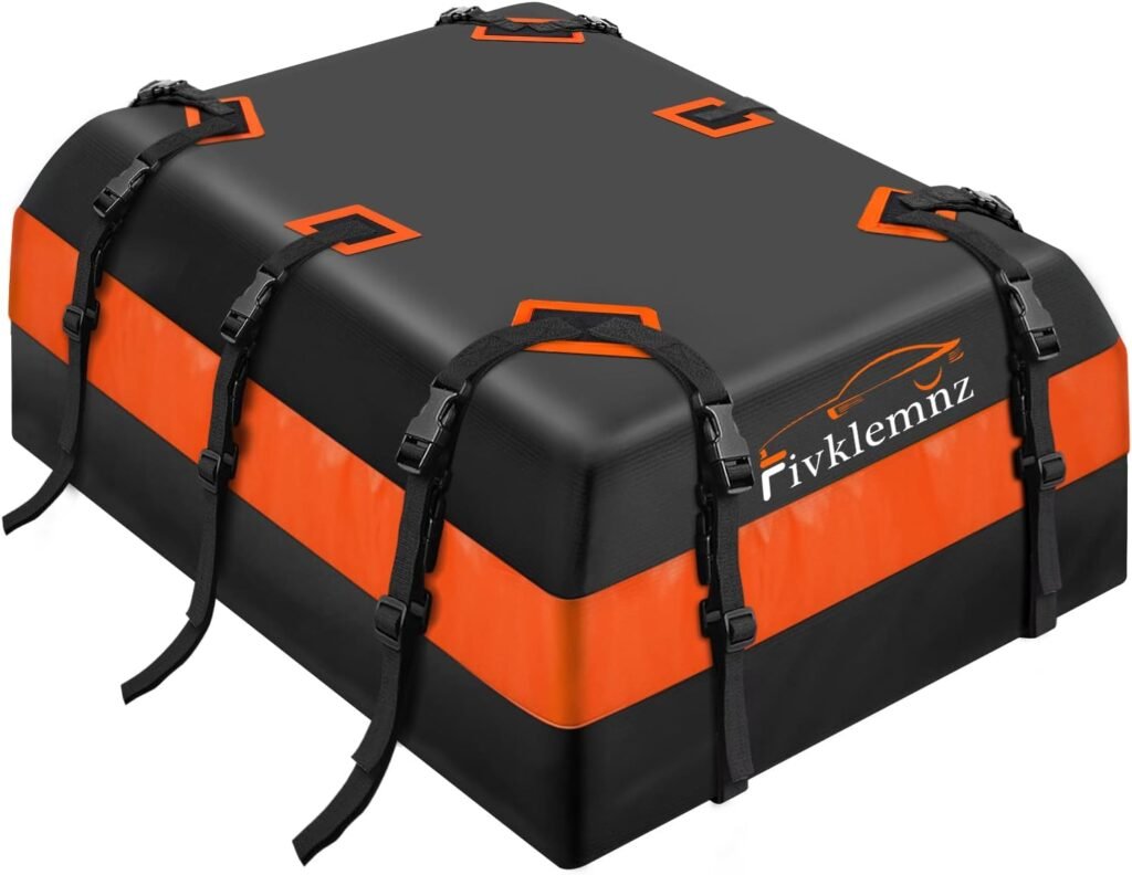 FIVKLEMNZ Car Rooftop Cargo Carrier Roof Bag Waterproof for All Top of Vehicle with/Without Rack Includes Topper Anti-Slip Mat + Reinforced Straps + 6 Door Hooks + Luggage Lock (15 Cubic Feet)