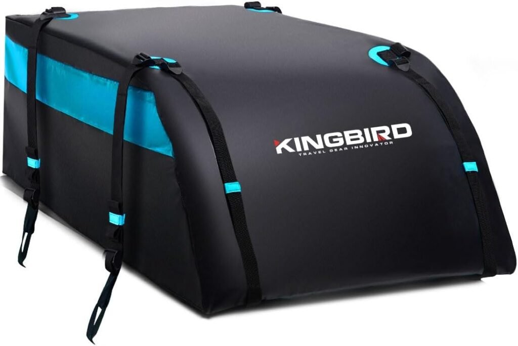 KING BIRD Aerodynamic Rooftop Cargo Carrier Bag, 20 Cubic Feet Car Waterproof Roof Bag for All Vehicles with/Without Rack, Includes Anti-Slip Mat, 8 Reinforced Straps, 4 Door Hooks, Luggage Lock