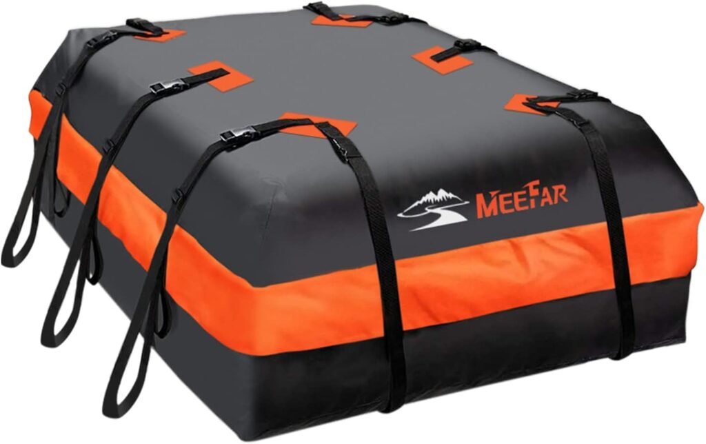 MeeFar Car Roof Bag XBEEK Rooftop top Cargo Carrier Bag Waterproof 15 Cubic feet for All Cars with/Without Rack, Includes Anti-Slip Mat, 8 Reinforced Straps, 6 Door Hooks, Luggage Lock