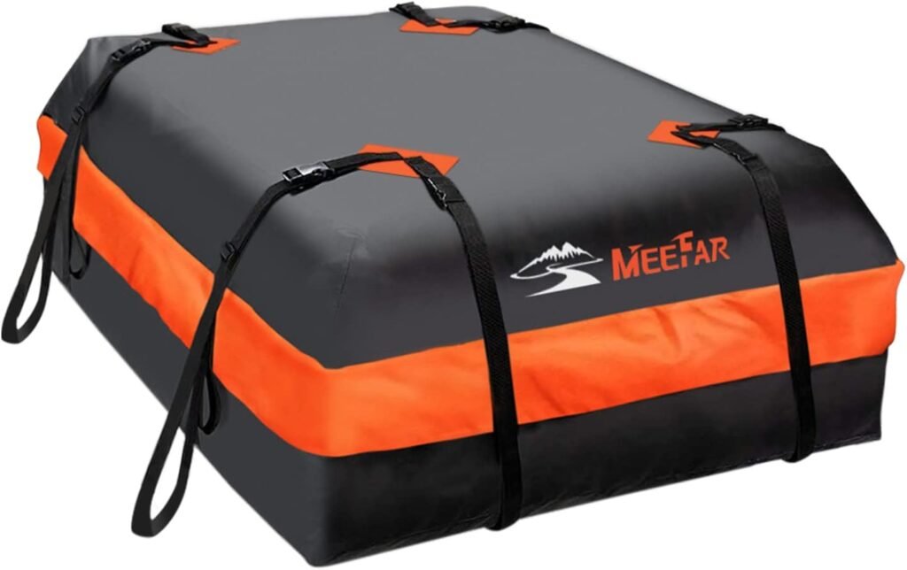 MeeFar Car Roof Bag XBEEK Rooftop top Cargo Carrier Bag Waterproof 15 Cubic feet for All Cars with/Without Rack, Includes Anti-Slip Mat, 8 Reinforced Straps, 6 Door Hooks, Luggage Lock