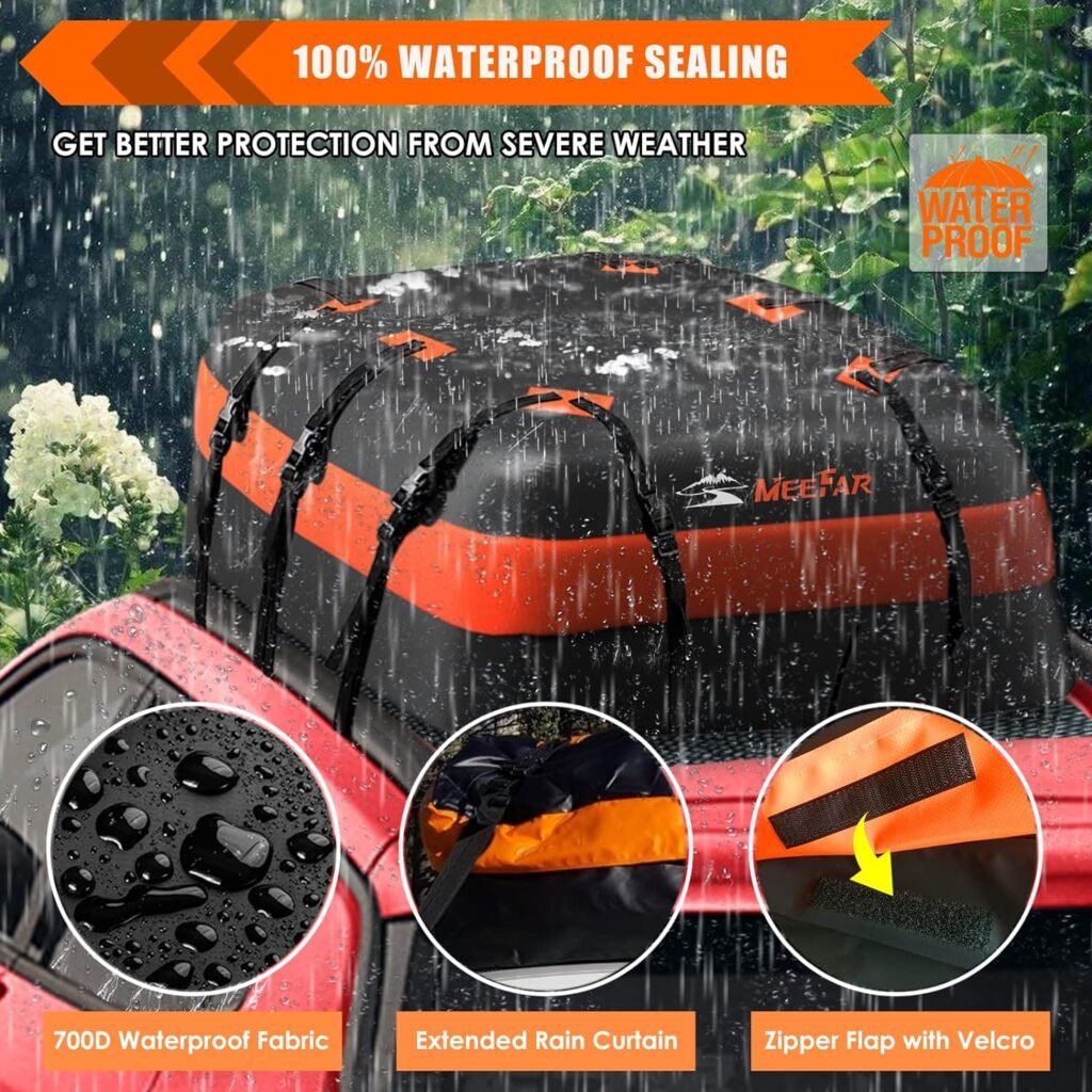 MeeFar Car Roof Bag XBEEK Rooftop top Cargo Carrier Bag Waterproof 15 Cubic feet for All Cars with/Without Rack, Includes Anti-Slip Mat, 8 Reinforced Straps, 6 Door Hooks, Luggage Lock