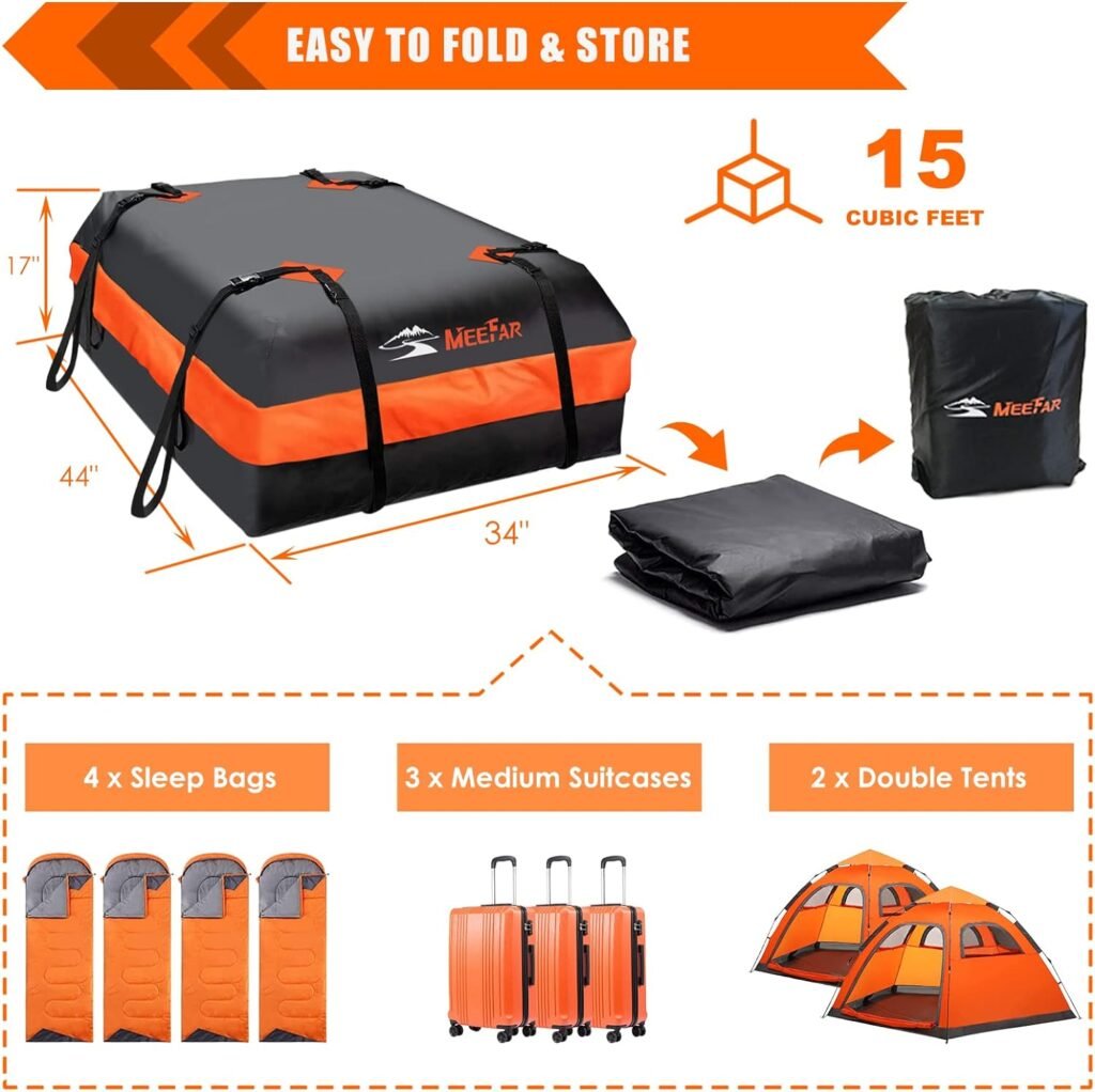 MeeFar Car Roof Bag XBEEK Rooftop top Cargo Carrier Bag Waterproof 15 Cubic feet for All Cars with/Without Rack, Includes Anti-Slip Mat, 8 Reinforced Straps, 6 Door Hooks, Luggage Lock