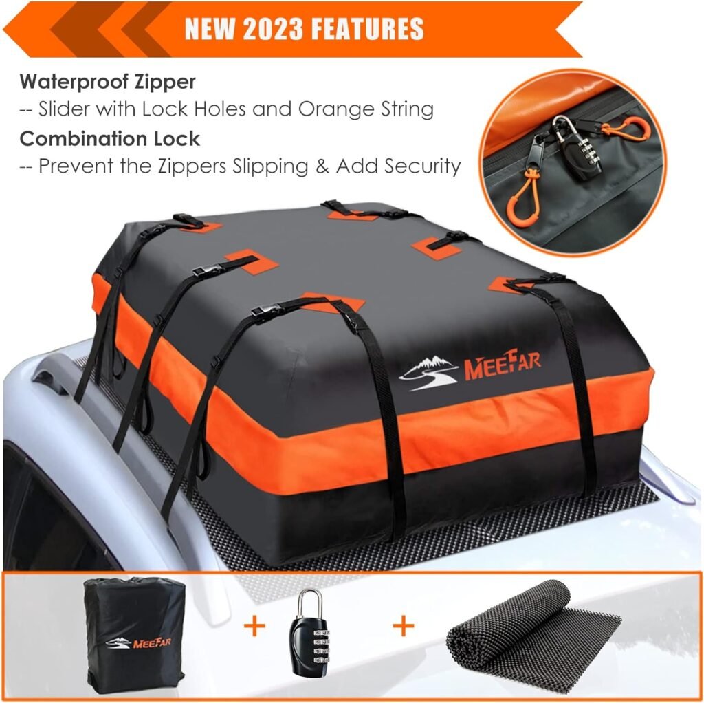 MeeFar Car Roof Bag XBEEK Rooftop top Cargo Carrier Bag Waterproof 15 Cubic feet for All Cars with/Without Rack, Includes Anti-Slip Mat, 8 Reinforced Straps, 6 Door Hooks, Luggage Lock