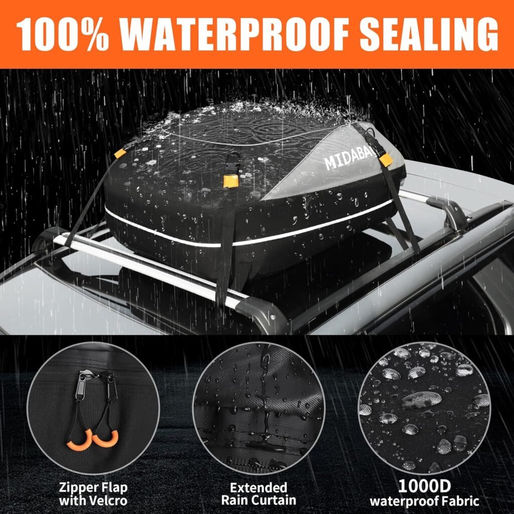 MIDABAO 20 Cubic Waterproof Duty Car Roof Top Carrier-Car Cargo Roof Bag Car Roof Top Carrier - Waterproof  Coated Zippers- Includes Anti-Slip Mat- for Cars with or Without Racks (20 Cubic Feet)