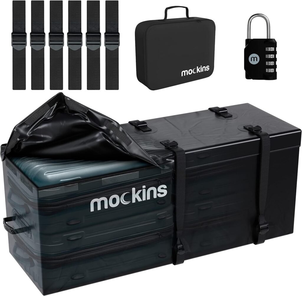 Mockins 16 Cu Ft Hitch Cargo Carrier Bag Waterproof | 58 x 24 x 20 Heavy Duty Cargo Bag for Trailer Hitch Cargo Rack | Abrasion Resistant Vinyl Vehicle Soft-Shell Luggage Carrier with Straps  Lock