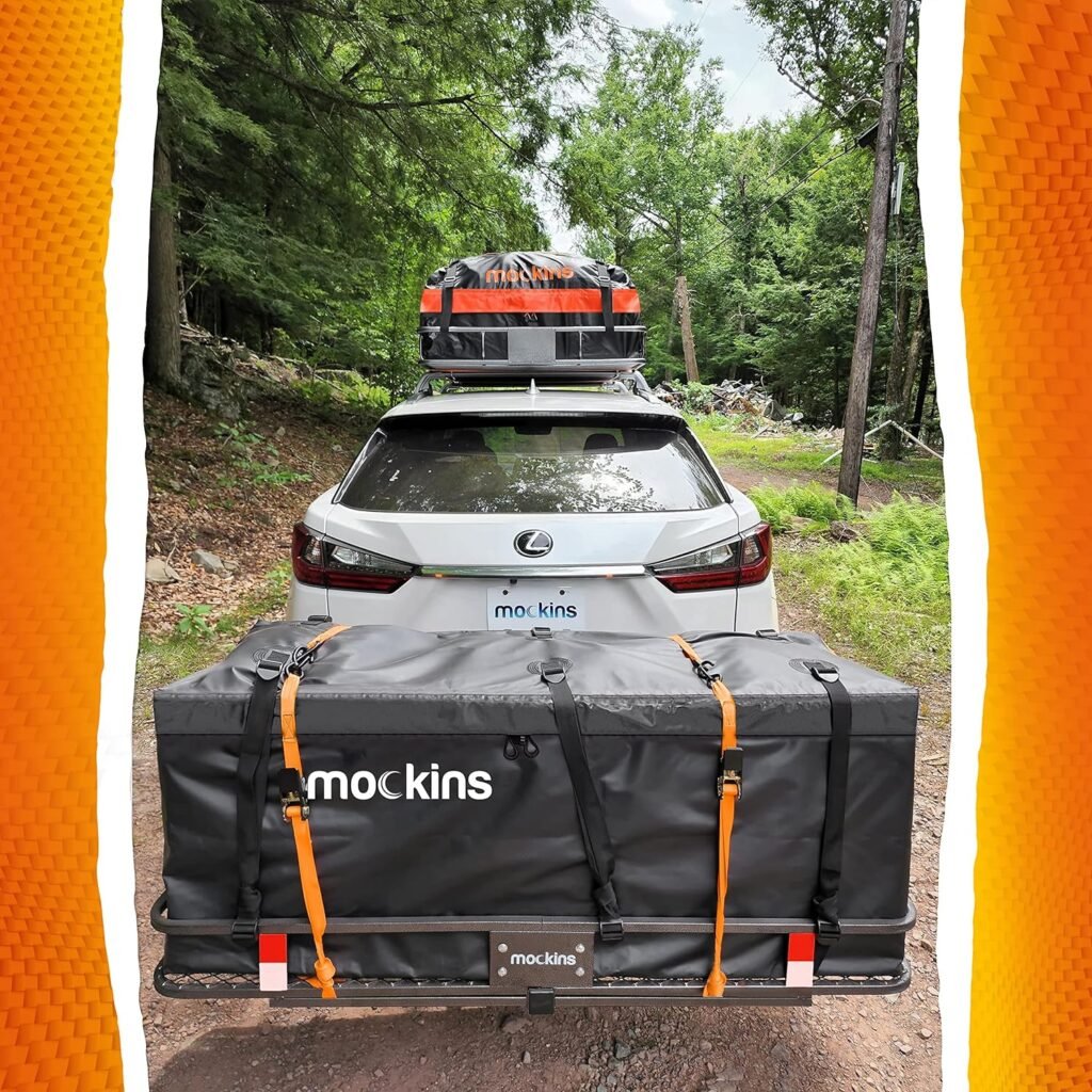 Mockins 16 Cu Ft Hitch Cargo Carrier Bag Waterproof | 58 x 24 x 20 Heavy Duty Cargo Bag for Trailer Hitch Cargo Rack | Abrasion Resistant Vinyl Vehicle Soft-Shell Luggage Carrier with Straps  Lock