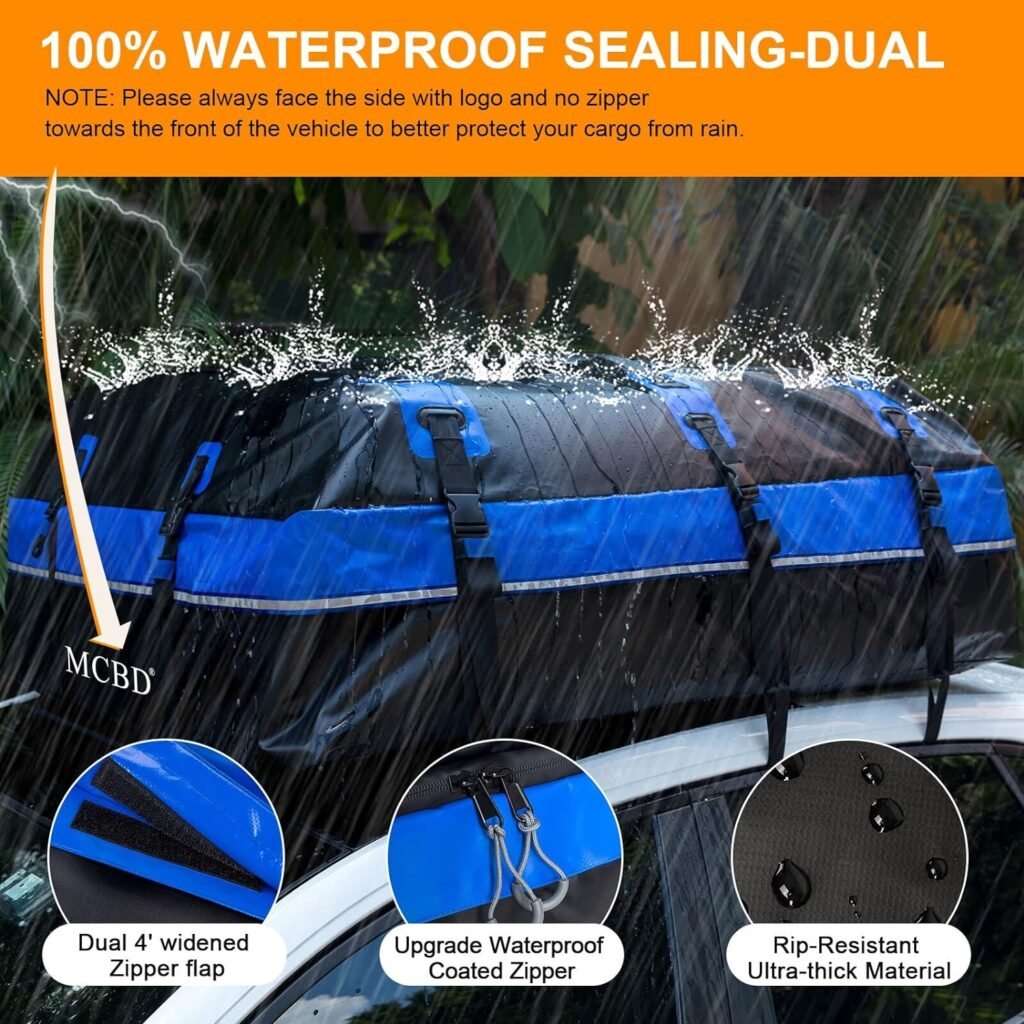 Rooftop Cargo Carrier, 26 Cubic Feet Soft-Shell Waterproof Car Roof Luggage Bag for All Vehicles SUV with/Without Rails, Includes 10 Reinforced Straps 6 Door Hooks Suitable, Storage Bag,Anti-Slip Mat