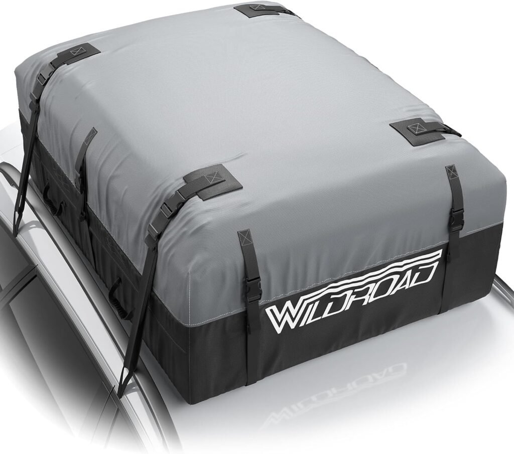 Rooftop Cargo Carrier Bag, WILDROAD 21 Cubic Feet 600D Ultra Anti-Tear Fabric Waterproof Car Roof Bag, Soft-Shell Roof Bag with Storage Bag, Anti-Slip Mat and 6 Door Hooks Fits Car with/Without Racks