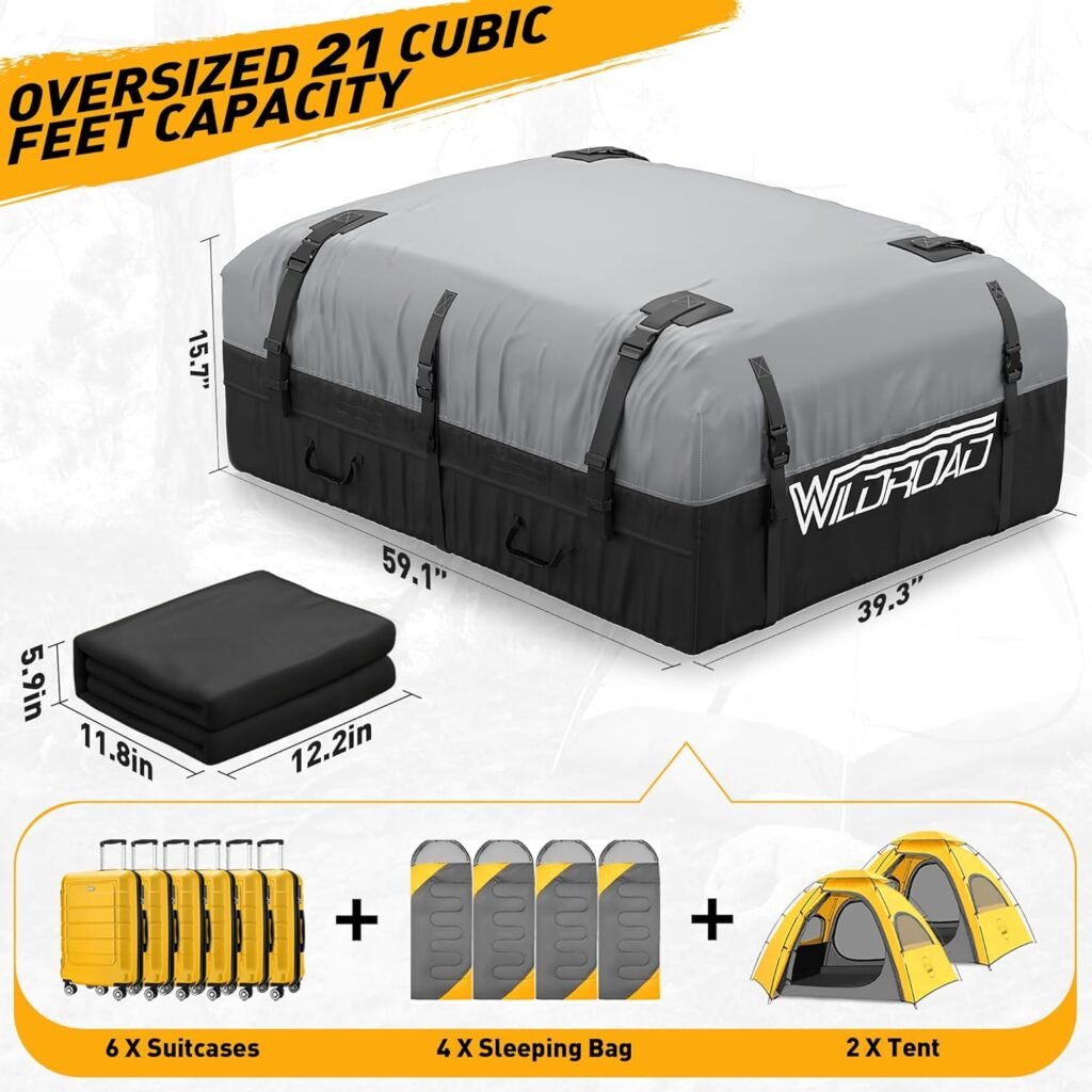 Rooftop Cargo Carrier Bag, WILDROAD 21 Cubic Feet 600D Ultra Anti-Tear Fabric Waterproof Car Roof Bag, Soft-Shell Roof Bag with Storage Bag, Anti-Slip Mat and 6 Door Hooks Fits Car with/Without Racks