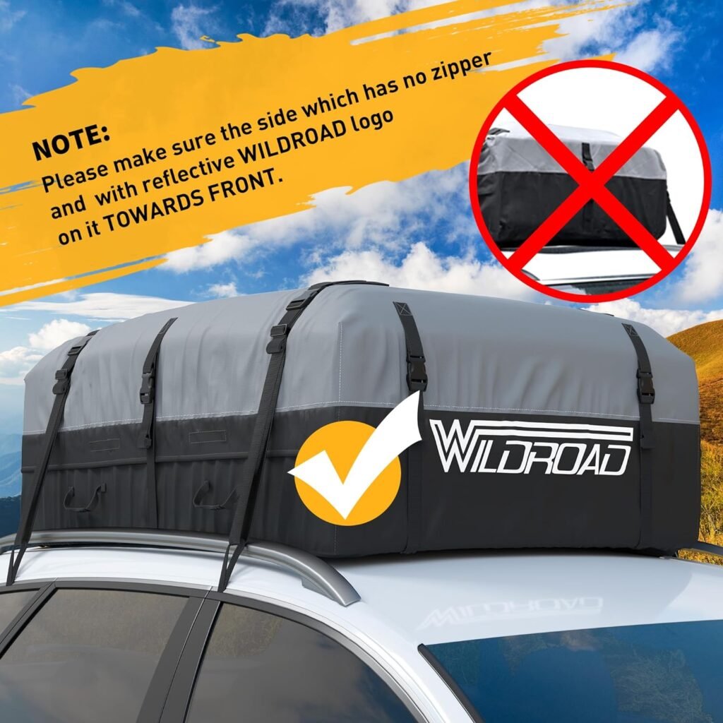 Rooftop Cargo Carrier Bag, WILDROAD 21 Cubic Feet 600D Ultra Anti-Tear Fabric Waterproof Car Roof Bag, Soft-Shell Roof Bag with Storage Bag, Anti-Slip Mat and 6 Door Hooks Fits Car with/Without Racks