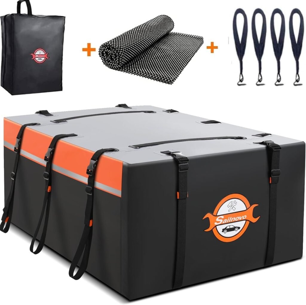 Sailnovo Car Rooftop Cargo Carrier 20 Cubic Waterproof Soft-Shell Carrier Includes Anti-Slip Mat, 6 Door Hooks, PVC Car Roof Storage Bag for Top of Vehicle with/Without Roof Rack Cross Bar