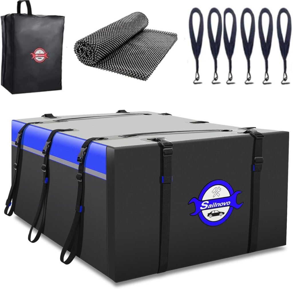 Sailnovo Car Rooftop Cargo Carrier Roof Bag 20 Cubic Waterproof Soft-Shell Carriers Luggage Storage with Anti-Slip Mat, 6 Door Hooks  PVC for Top of Vehicle with/Without Roof Rack