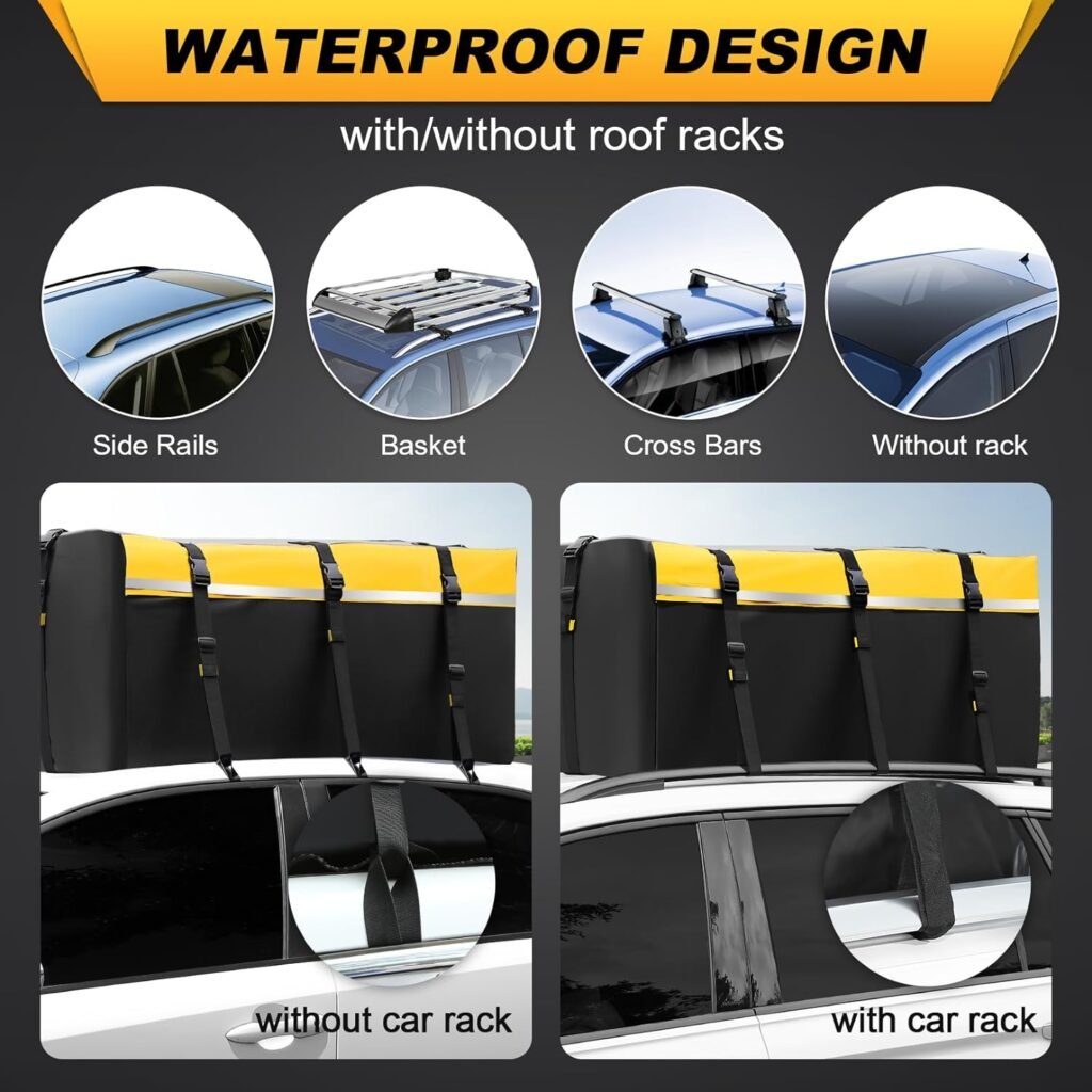 Sailnovo Car Rooftop Cargo Carrier Roof Bag 20 Cubic Waterproof Soft-Shell Carriers Luggage Storage with Anti-Slip Mat, 6 Door Hooks  PVC for Top of Vehicle with/Without Roof Rack