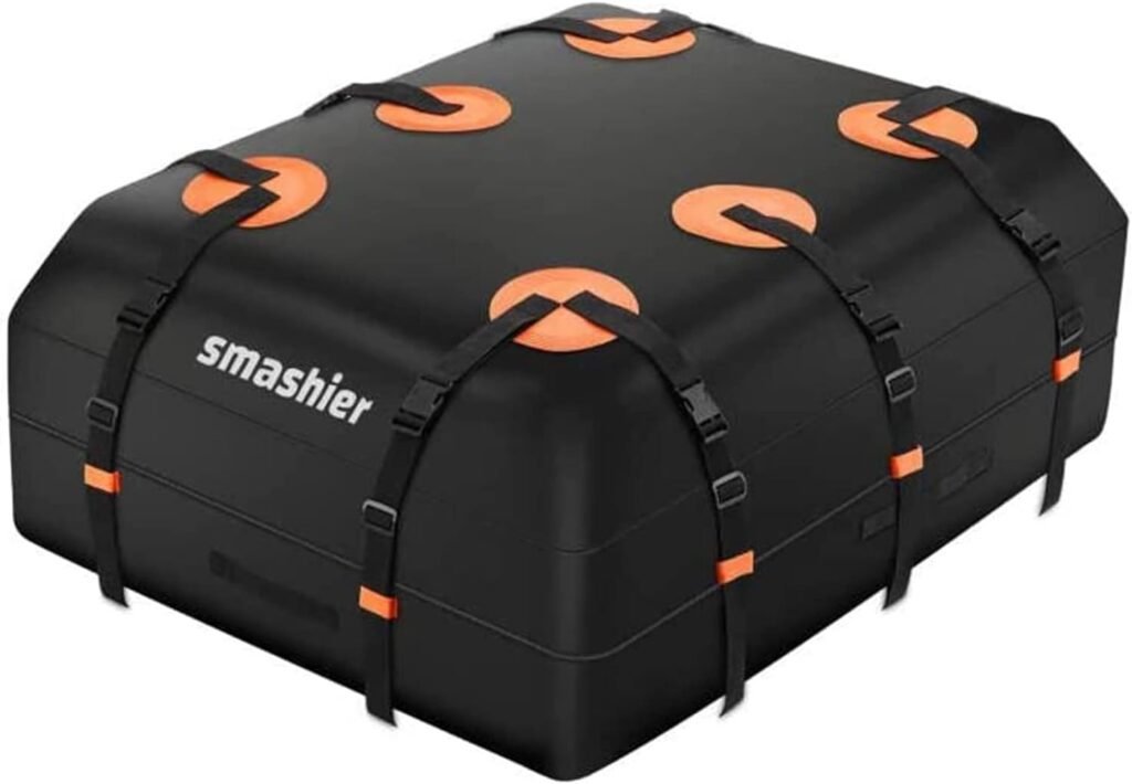 Smashier Car Rooftop Cargo Carrier Bag - 15 Cubic Feet Roof Bag, Waterproof Military Grade Nylon Cordura Fabric, Heavy-Duty Zipper, Night Reflective Strip  Anti-Slip Mat Incl. for Safe Journey