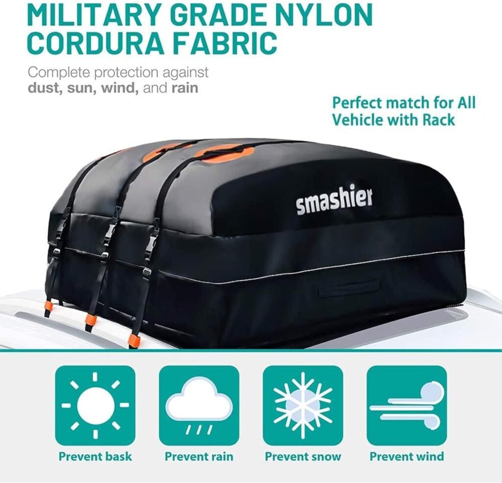 Smashier Car Rooftop Cargo Carrier Bag - 15 Cubic Feet Roof Bag, Waterproof Military Grade Nylon Cordura Fabric, Heavy-Duty Zipper, Night Reflective Strip  Anti-Slip Mat Incl. for Safe Journey