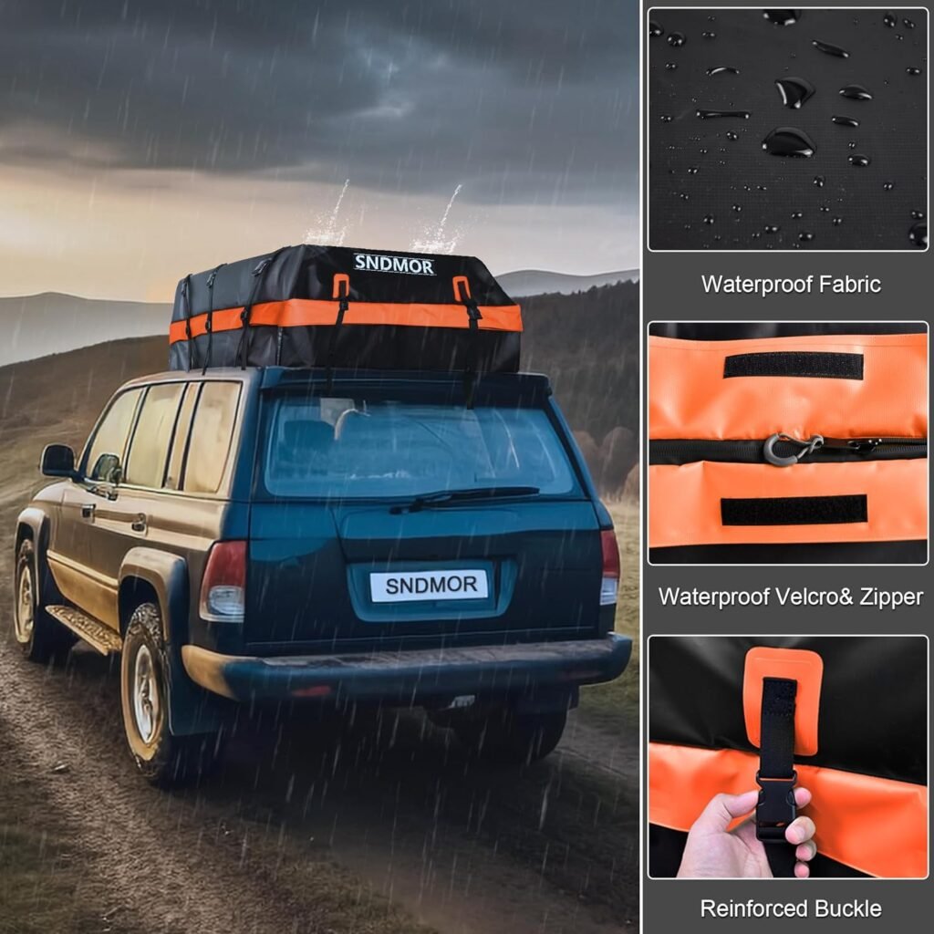 SNDMOR Car Roof Bag,21 Cubic Feet Waterproof Car Rooftop Cargo Carrier Bag, roof Bag Cargo Carrier for All Vehicle with/Without Racks,Includes Anti-Slip Mat+6 Reinforced Straps+6 Door Hooks (Orange)