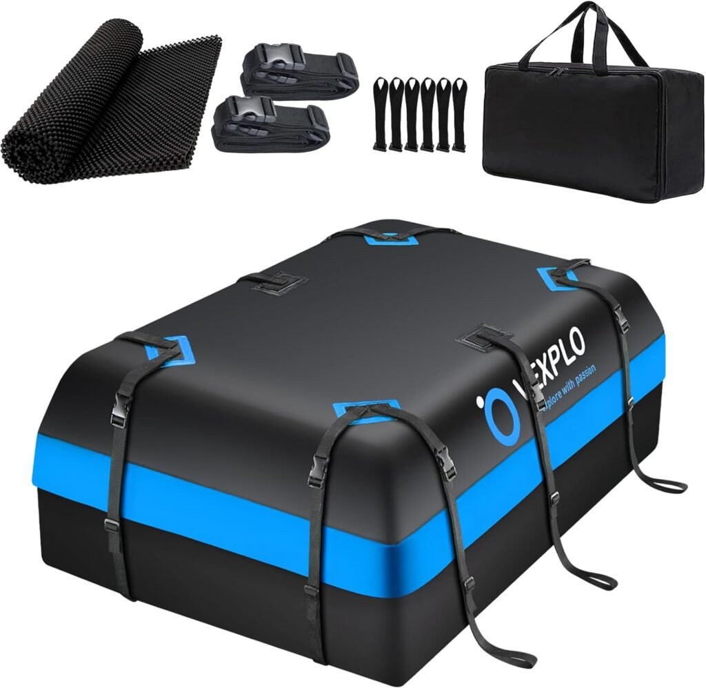 VEXPLO Car Roof Bag Rooftop Cargo Carrier for Top of Vehicle 100% Waterproof 16 Cubic Feet Topper Luggage Carriers for Cars with/Without Racks- Anti-Slip Mat, 6Door Hooks, Storage Bag, 2Extra Straps