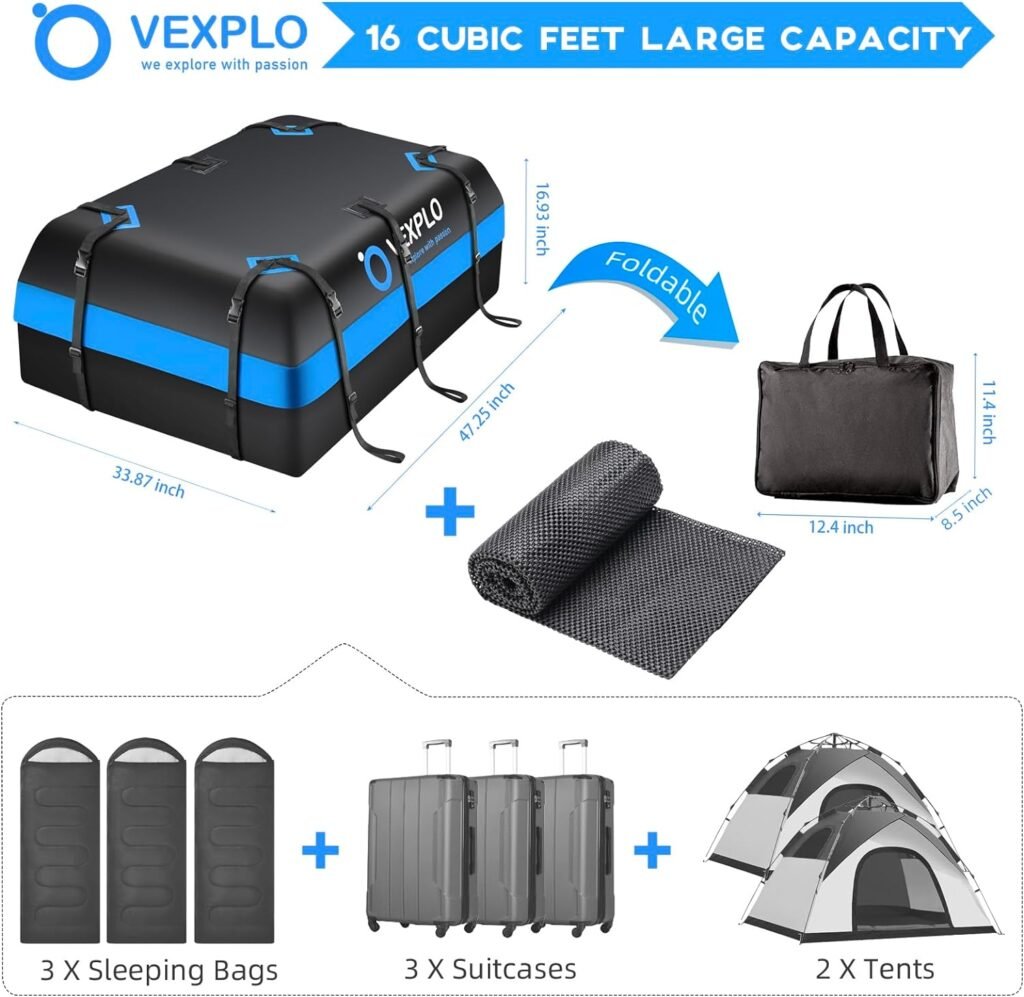 VEXPLO Car Roof Bag Rooftop Cargo Carrier for Top of Vehicle 100% Waterproof 16 Cubic Feet Topper Luggage Carriers for Cars with/Without Racks- Anti-Slip Mat, 6Door Hooks, Storage Bag, 2Extra Straps