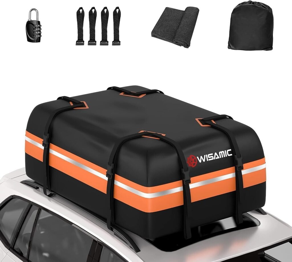 WISAMIC Rooftop Cargo Carrier 1000D PVC Car Roof Cargo Carrier Waterproof car top Carrier Ultimate Rooftop Cargo Bag Soft-Shell with Anti-Slip Mat for All Vehicles with/Without Racks (15 Cubic Feet)